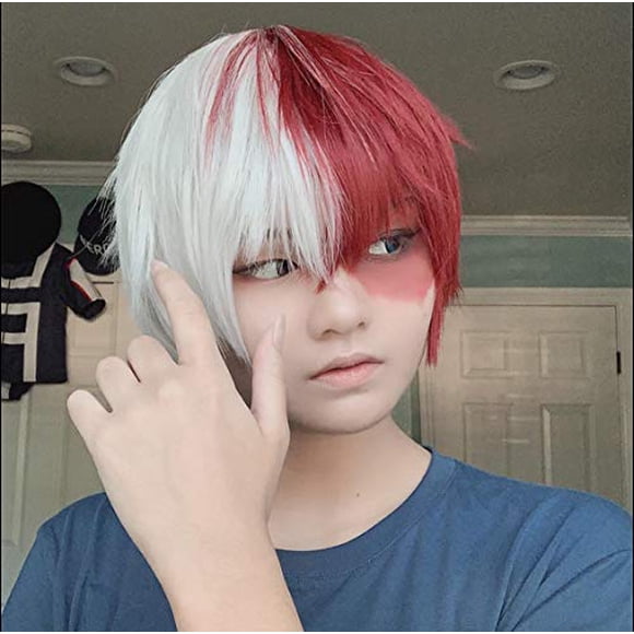 TOPHR Peluca corta roja y blanca Anime Cosplay Pelucas sintéticas resistentes al calor para Halloween mujeres disfraces de niñas pelucas fiesta (mitad blanca mitad roja)