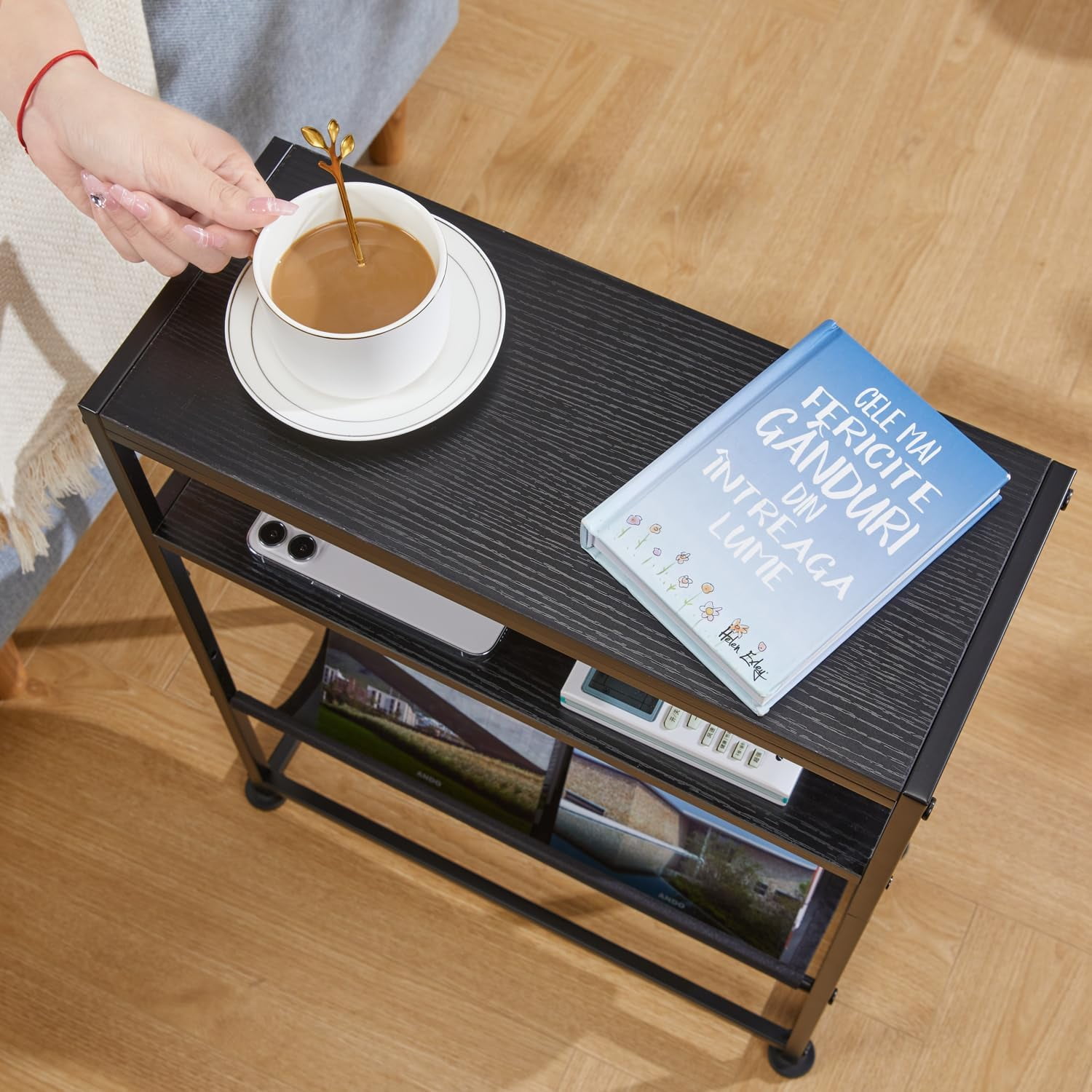 ZEXVIDA Narrow End Table for Small Spaces - Slim Side Table with Magazine Holder,2 in 1 Design Narrow End Table Living Room,Skinny Bedroom Nightstand Thin Side Magazine Table,Black