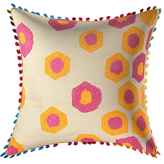 Stylo Culture Ethnic Chair Seat Throw Pillow Cover 16x16 Towel Embroidered Orange Bright Pink Zippered 40 x 40 cm Pom Pom Lace Cotton Geometric Square Cushion Cover | 1 Pc