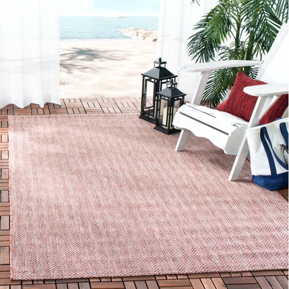 SAFAVIEH Courtyard Morven Chevron Stripes Indoor/Outdoor Area Rug, 5'3" x 7'7", Red/Beige