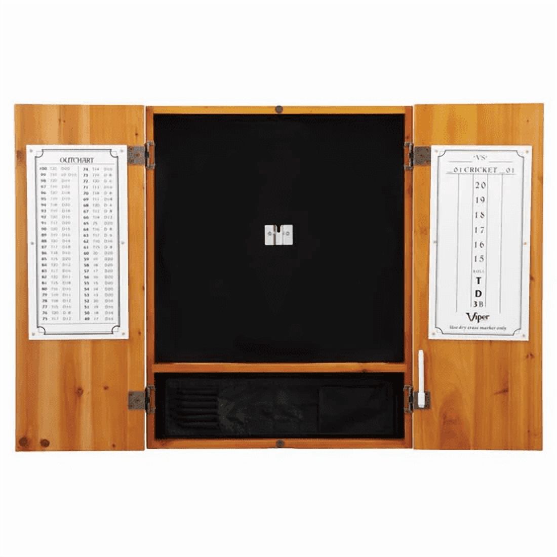 Viper Metropolitan Oak Steel Tip Dartboard Cabinet, Viper Razorback Sisal Dartboard, Viper Underground Raven Steel Tip Darts 25 Grams, and Viper Vinyl Dart Mat