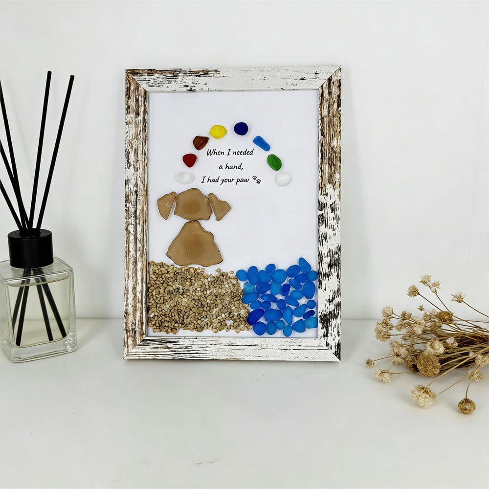 Fufafayo 2Pcs Pet Memorial Art Framed Wall Decor, Sea Glass Dog Art Sympathy Gift, When I Needed A Hand I Had Your Paw Beach Decor For Dog Lovers Pet Loss