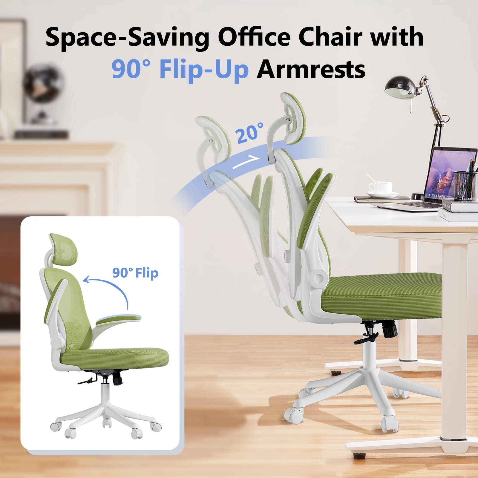 HomeZeer Desk Chairs with Wheels, Mesh Office Chair with Lumbar Support, Ergonomic High Back Office Chair with Adjustable Headrest, Task Chair Flip-up Arms, Executive Office Chair Home Office, Green
