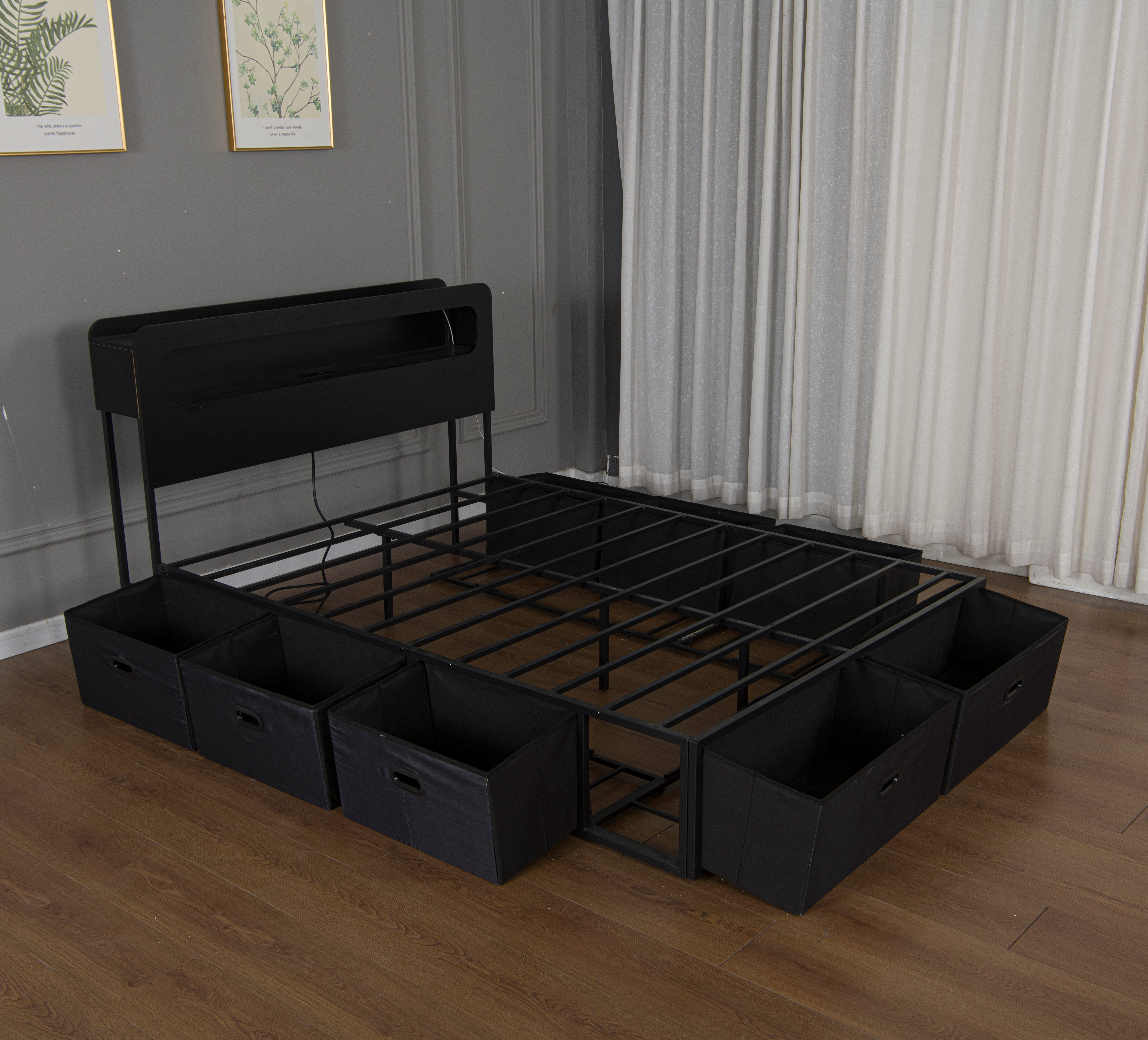 Mintazer Queen Size Bed Frame with LED Headboard, Modern Platform Bed Frame with Charging Station & 8 Fabric Underbed Storage Drawers, Black