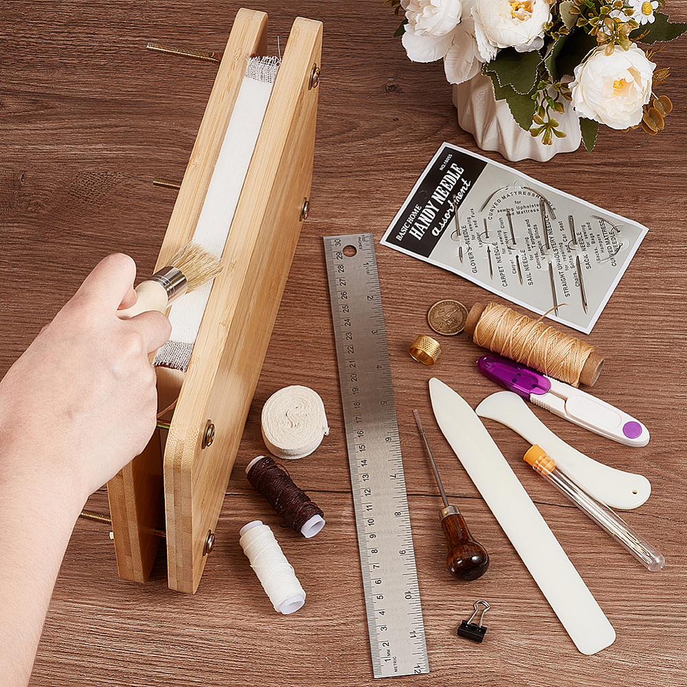 1box DIY Bookbinding Kits Including Wooden Book & Bristles Carbon Steel Needle Cotton Cloth Fabric Polycotton Ribbon & Cord Scissors Clips Rulers Thimbles Leather Craft Tools Mixed color
