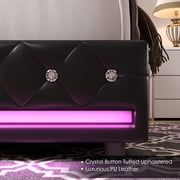 Homfa Black Full Size LED Bed Frame with 2 Storage Drawers, Modern PU Leather Crystal Button Upholstered Platform Bed Frame with Outlets and USB Ports & Display Platform