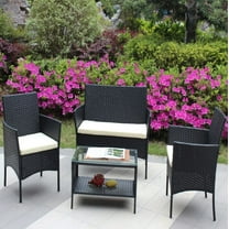 4 PC Rattan Patio Furniture Set Outdoor Patio Cushioned Seat Wicker Sofa (Beige Cushion)