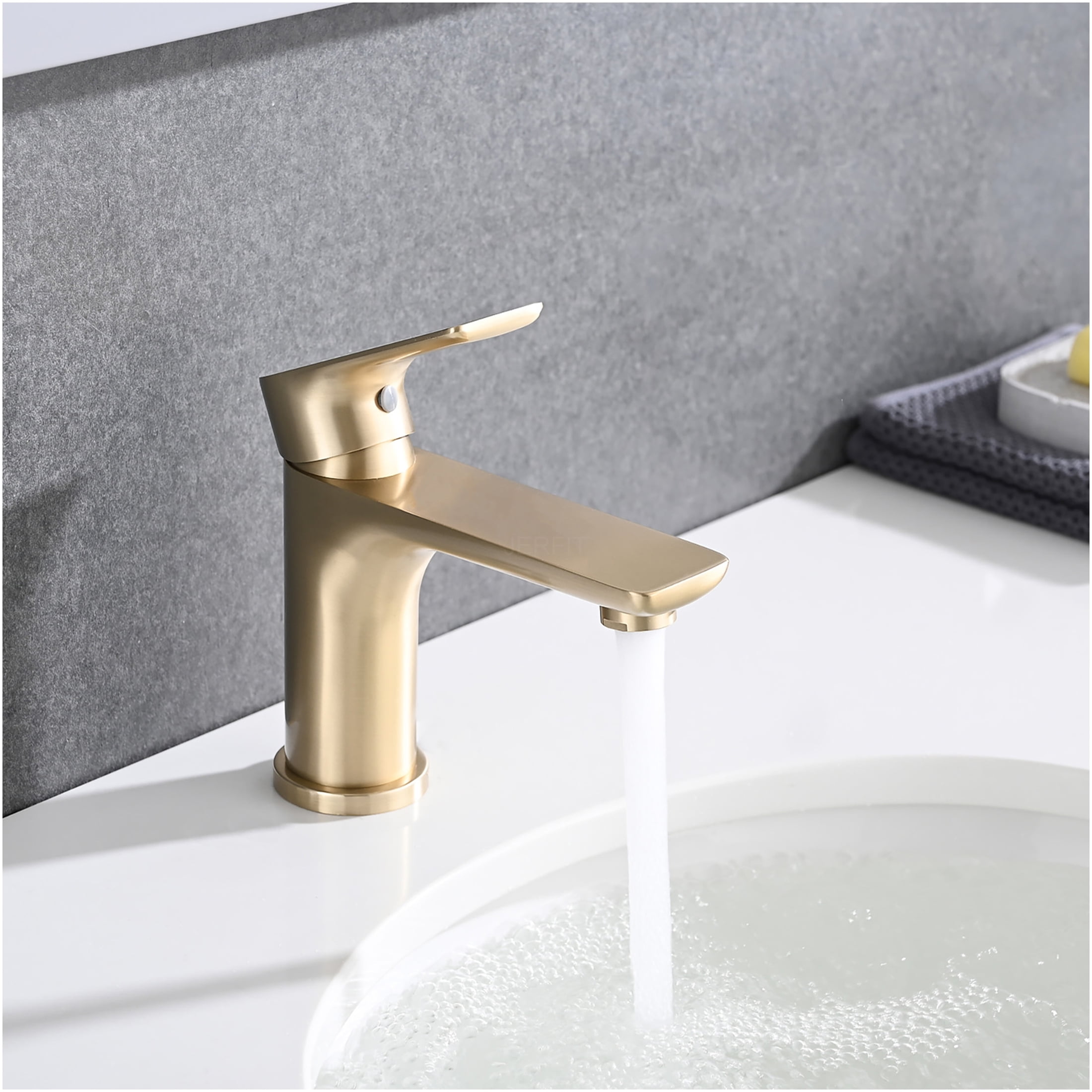 JERFIT Modern Single Hole Bathroom Faucet in Brushed Gold, Solid Brass Vessel Sink Mixer Tap with Lever Handle, Lead-Free