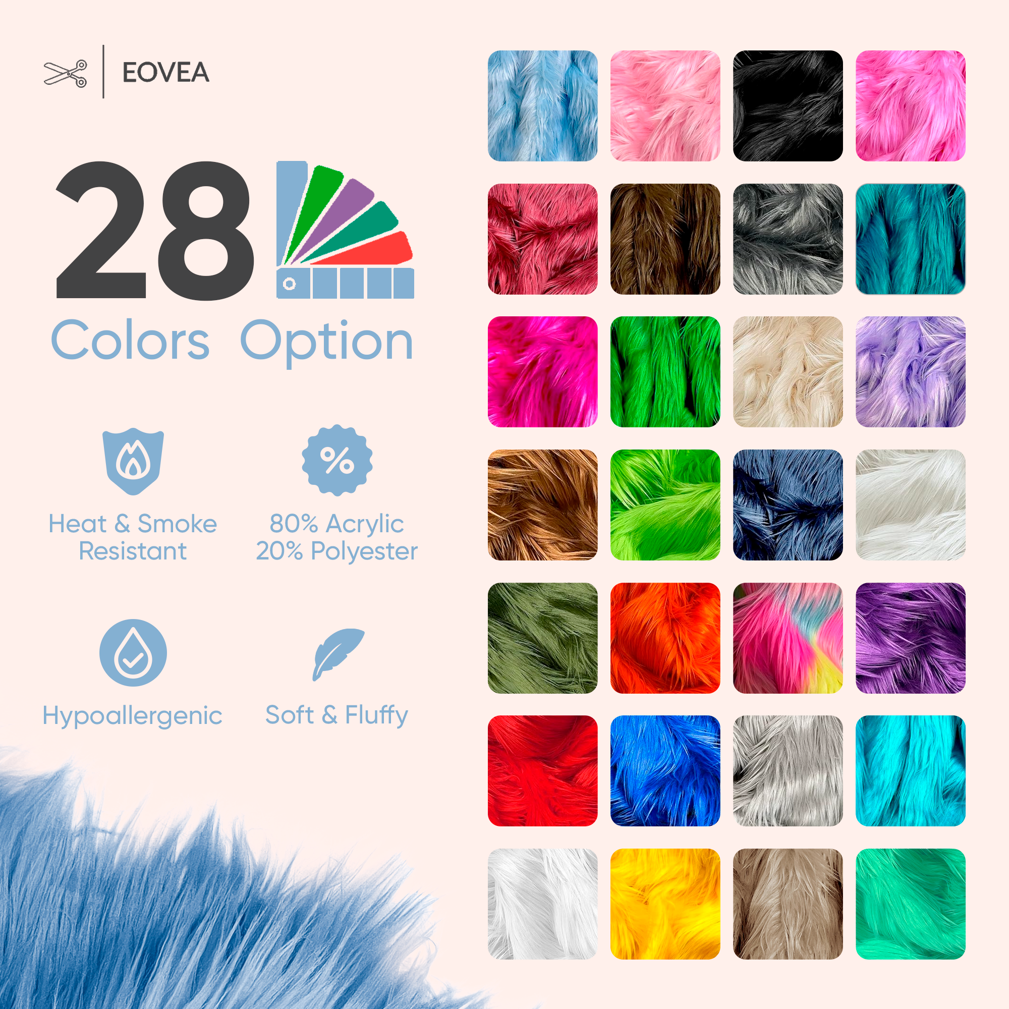 EOVEA Shaggy Faux Fur Fabric by The Yard - 18" X 60" Inch - Long Pile Fur - Fake Fur Materials - Soft & Fluffy Craft Fabric Supplies for DIY Arts & Crafts, Apparel, Costume, Rug(Baby Blue,Half Yard)