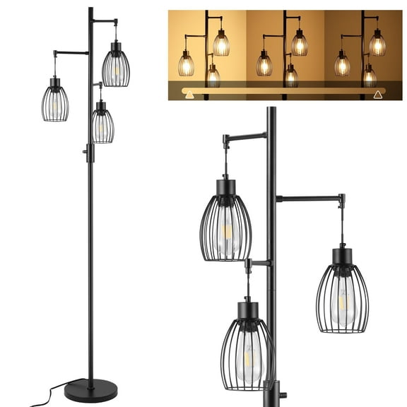 Vesteel Standing Lamp, Farmhouse Lamp with 3 Teardrop Cage and Bulbs, Industrial Dimmable Floor Lamp for Living Room Bedroom Office Dining Room