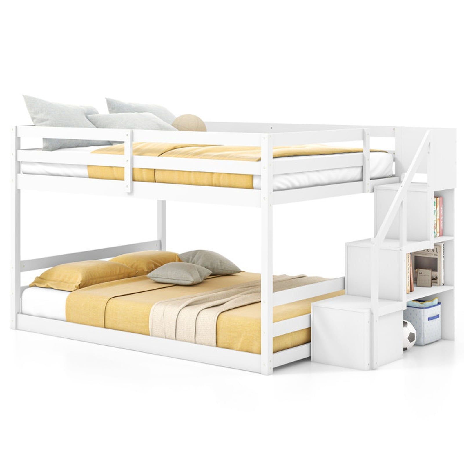 Furnibear Solid Wood Full Over Full Low Bunk Bed with Storage Stairs and Headboard for Kids Bedroom Platform Sleep Space, White