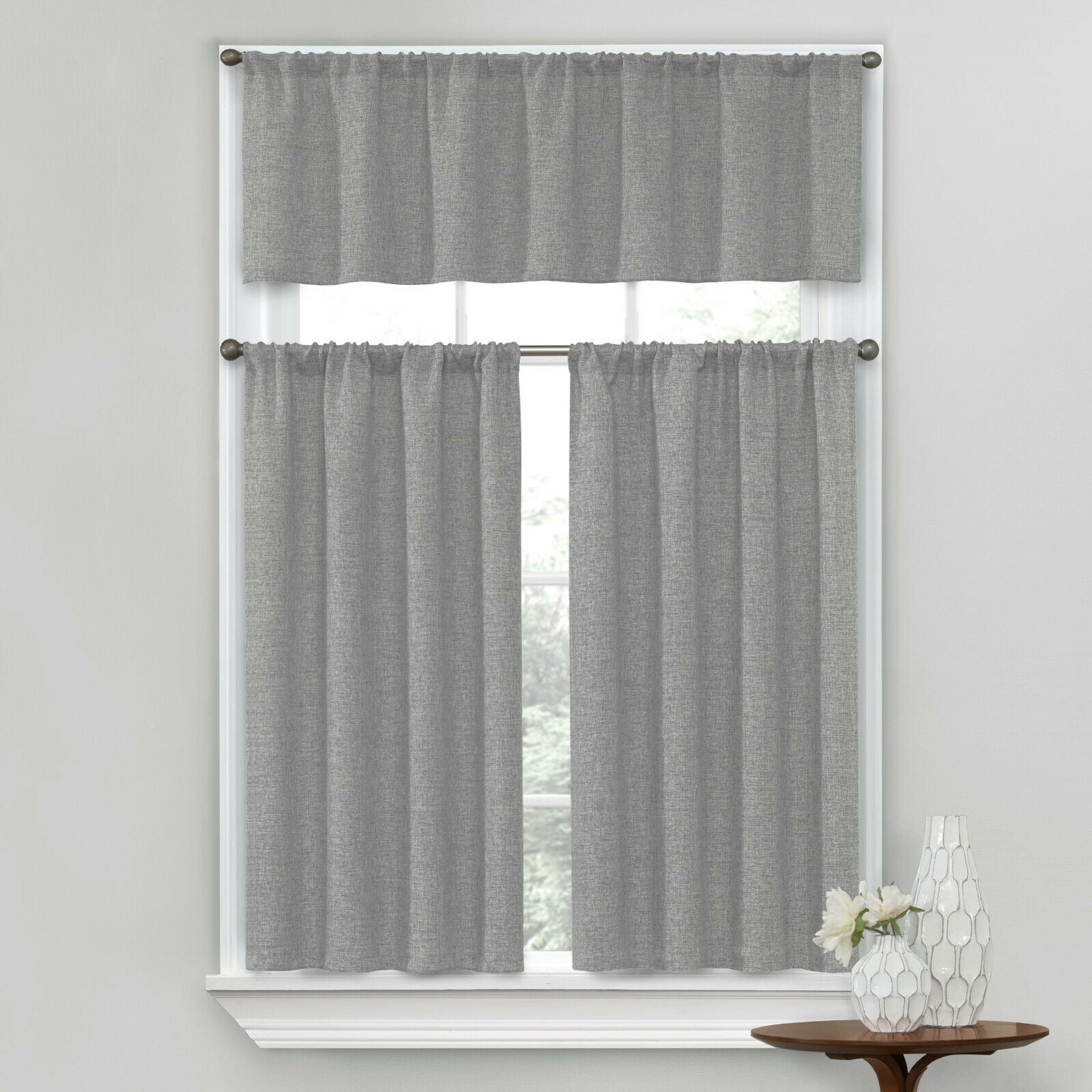 Modern Gray Grey 3 Piece Kitchen Curtains Set Valance & Tiers Cafe Curtains 