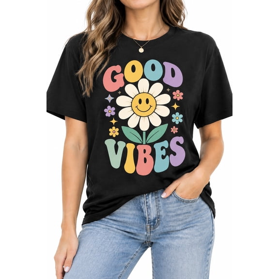 Women's Retro Daisy Graphic T Shirt Cute Smiley Flower Vintage Tee Black Casual Short Sleeve Top