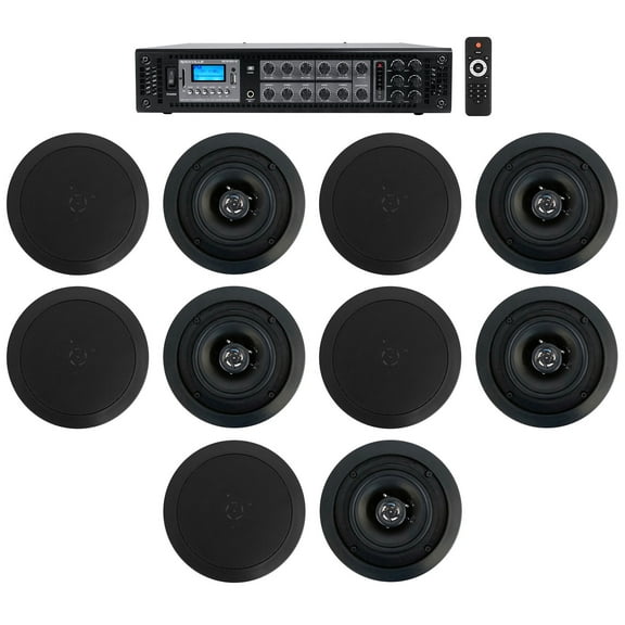 Rockville 6-Zone 70v Amplifier (10) 5.25" Black 2Way Restaurant Ceiling Speakers