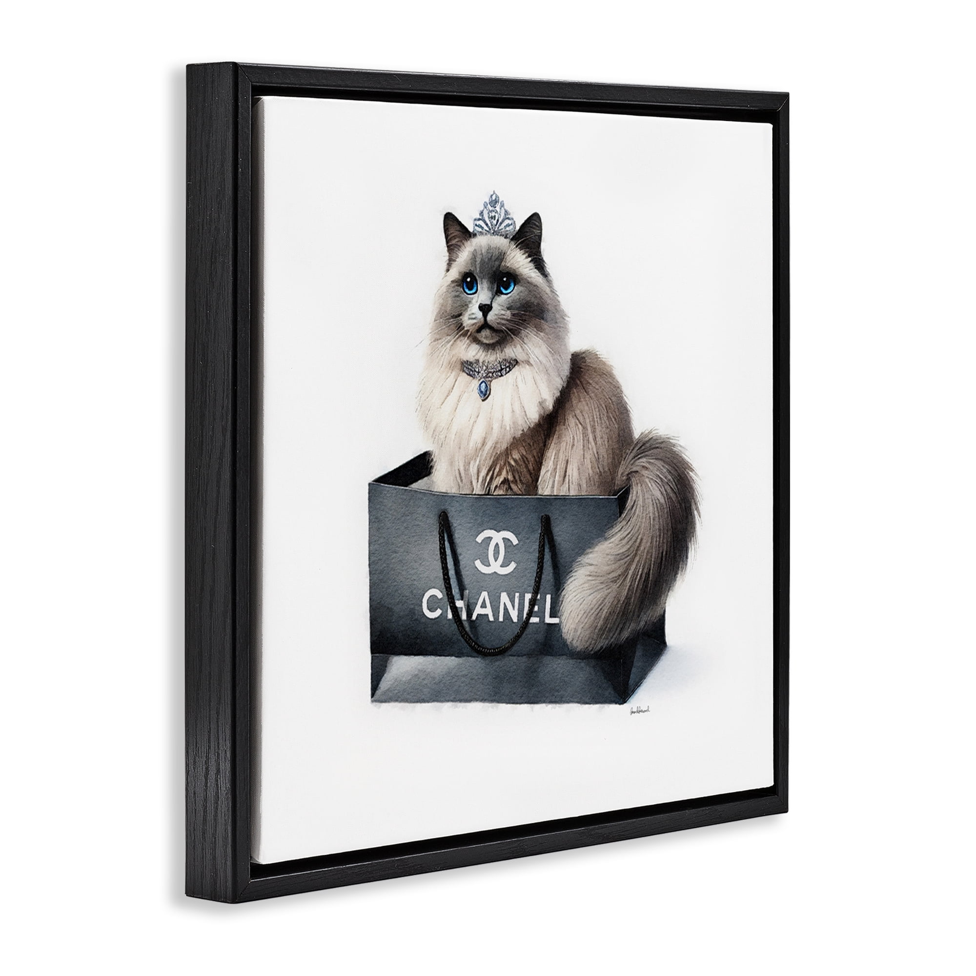 Stupell Industries Glam Cat Shopping Bag Animals Painting Black Floater Framed Canvas Art Print Wall Art, 25 x 25