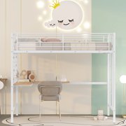 Metal Twin Loft Bed with Desk and Metal Grid, Bed Frame with Ladder and Safety Guard Rails for Kids Teens Adults, No Box Spring Needed, Space-Saving, Noise Free(White)