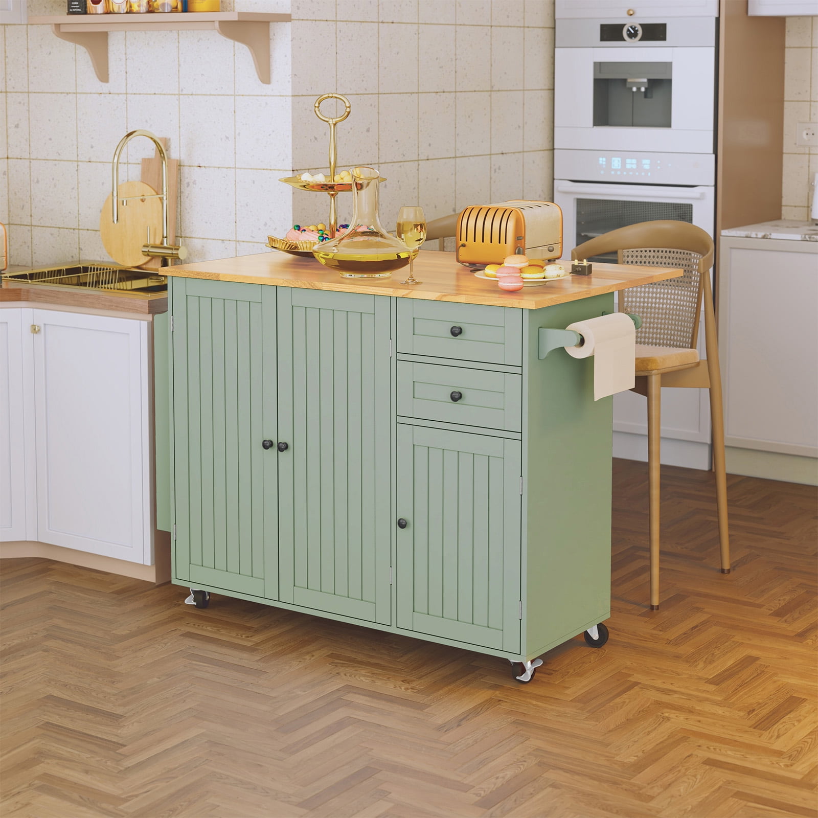 CBJCBJ 50.4" Kitchen Island with Storage, Wood Top Cart with Drop Leaf and Wheels, Green