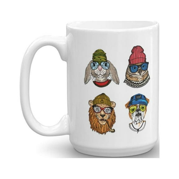Cool Hipster Rabbit, Owl, Lion & Bulldog Graphic Hippie Animals Print Coffee & Tea Gift Mug, Kitchen Stuff, Bedroom Room Décor, Accessories, Party Supplies & Items For Animal Lover Hipsters (15oz)