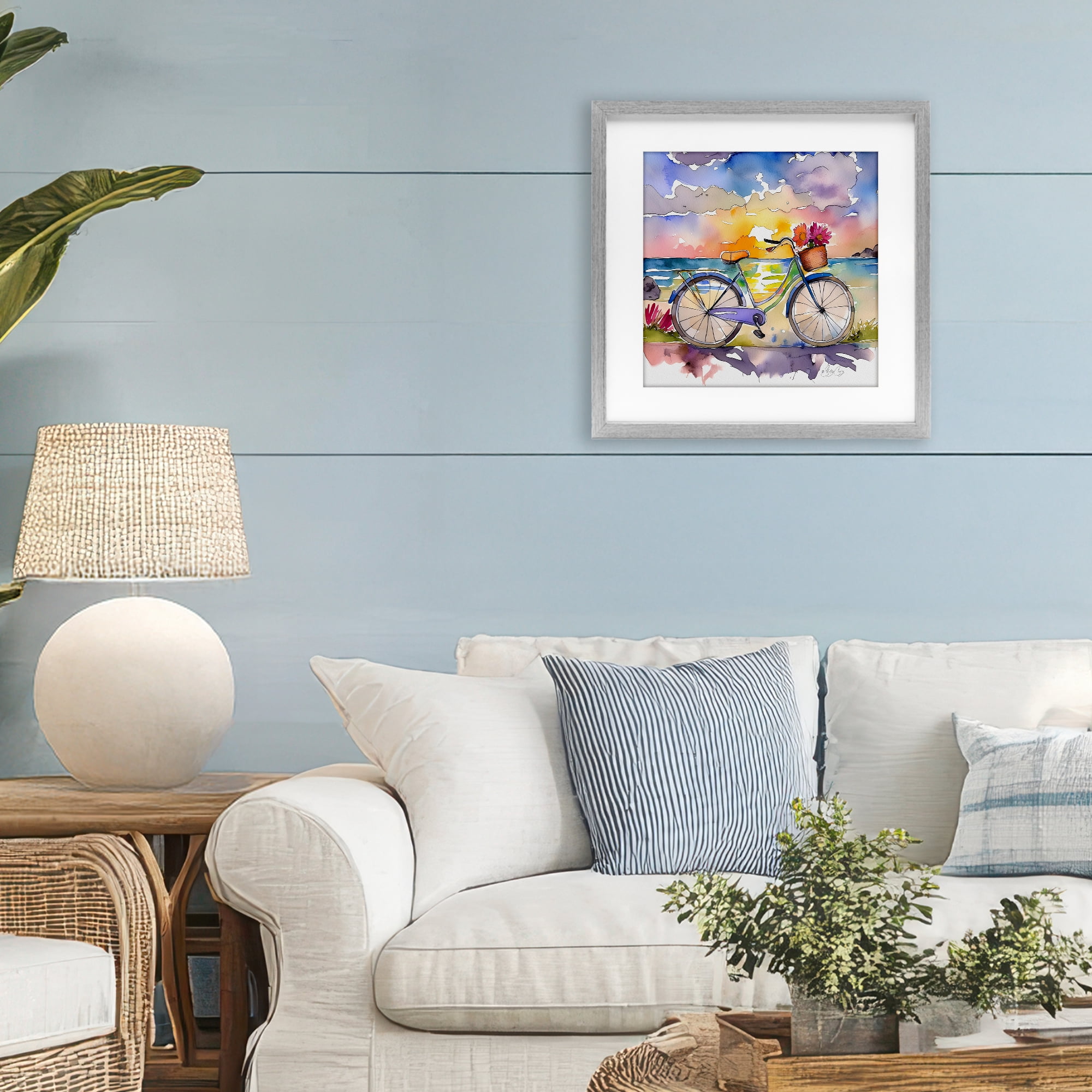Stupell Industries Bicycle By The Seaside Gray Framed Print Under Glass, design by Shelly Craig