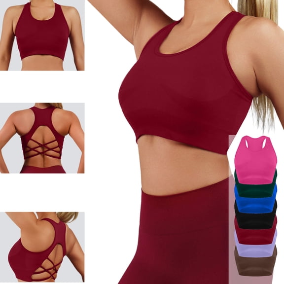 Miluxas Women's Padded Racerback Sports Bra - Crisscross Back High Support Solid Color Workout Crop Top for Yoga, Running, Activewear Red