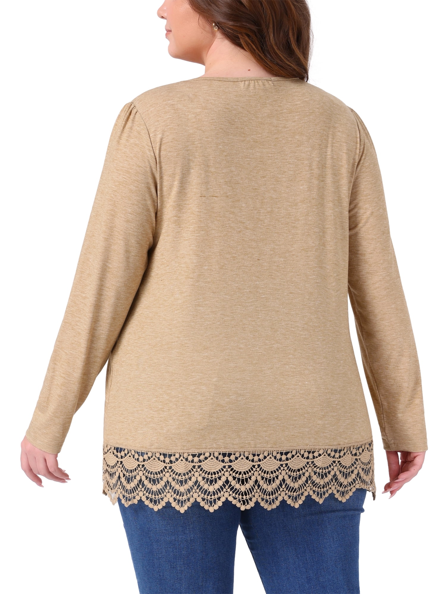 DARING DIVA  Women's Plus Square Neck Lace Hem Blouse 1X Khaki