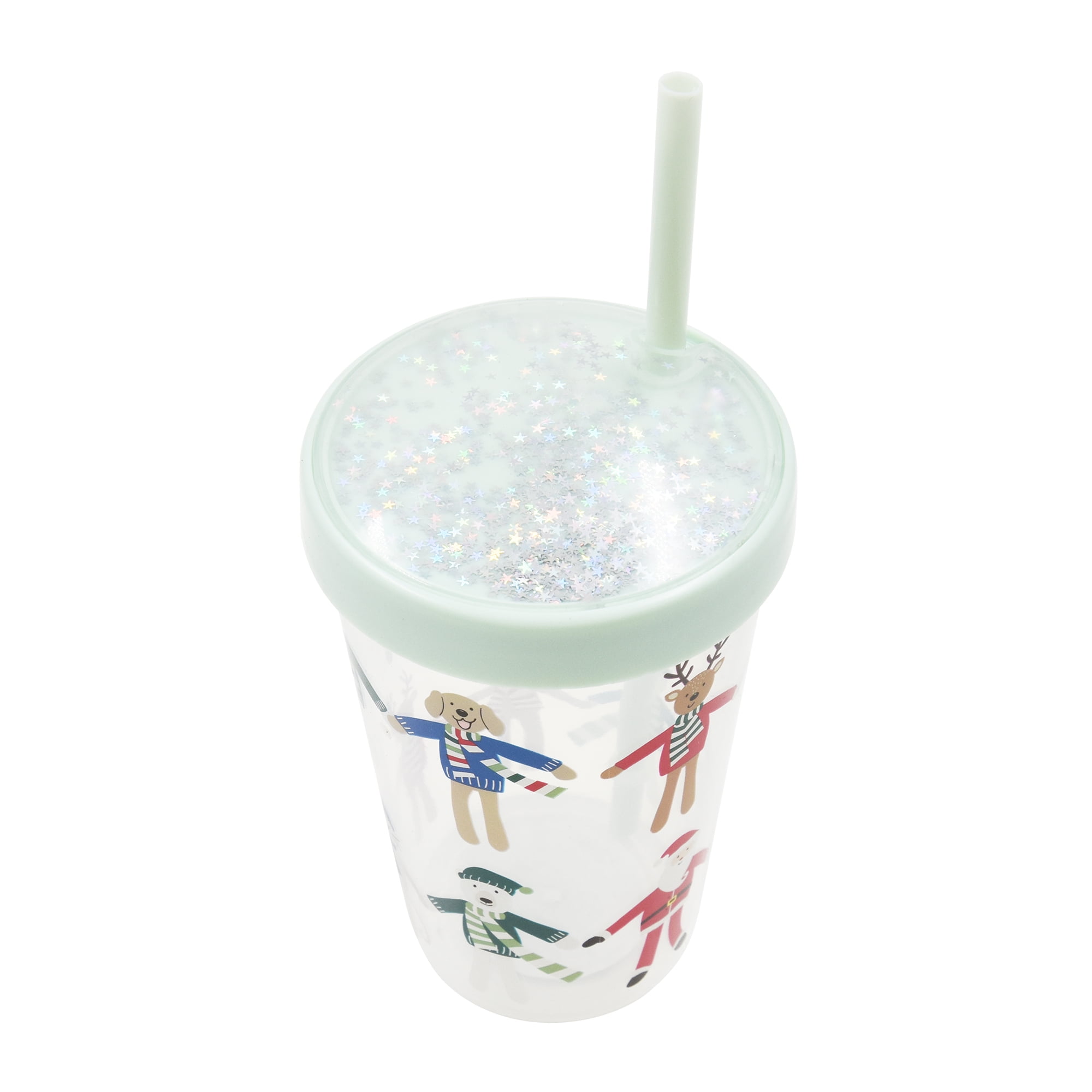 Holiday Time Christmas Santa with Friends Plastic Tumbler with Straw, Blue Glitter Lid, Partyware, <ul><li>Holiday Time Christmas Santa with Friends Plastic Tumbler with Straw, Blue Glitter Lid</li><li>Featuring a cheerful blue design with Santa Claus is holding hands by his friends</li><li>Lightweight and reusable</li></ul>