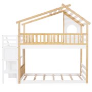 Bellemave Twin over Twin Bunk Beds with Storage Stairs,Guardrail, Window and Roof, Twin Bunk Bed House Bunk Bed/Low Bunk Bed(Natural)