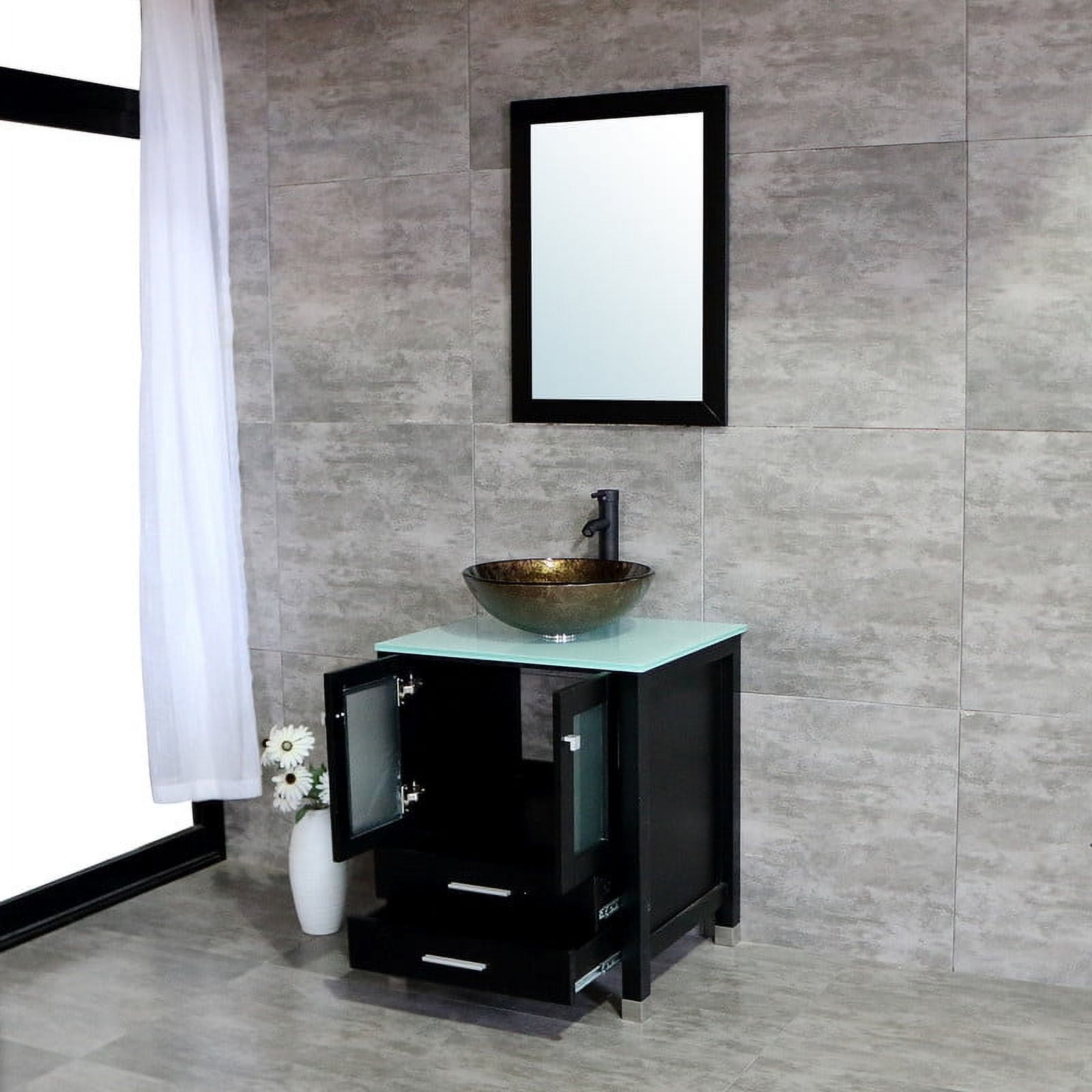 Walsport 24" Luxurious Bathroom Vanity with Brown Tempered Glass Vessel Sink Bowl and Countertop and Mirror and Faucet,Stand Floor Cabinet Bathroom Storage Vanity with Pop Up Drain,Black