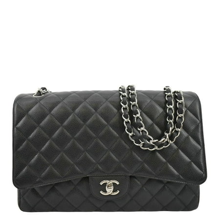 Pre-Owned CHANEL Classic Jumbo Double Flap Quilted Caviar Leather Shoulder Bag Black