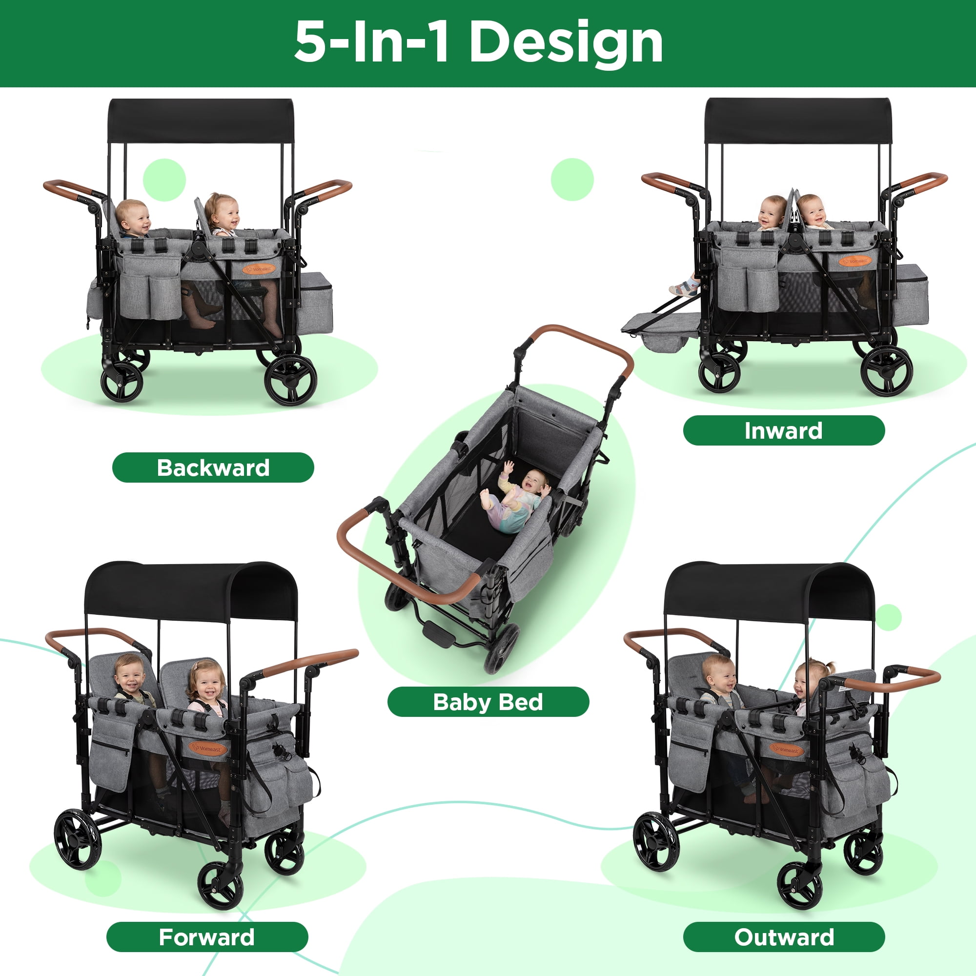 Vomeast Upgrade Wagon Stroller for 2 Kids, 2-Seater Outdoor Baby Stroller Wagon with Canopy, 5-Point Harness, Adjustable Handle(Grey)