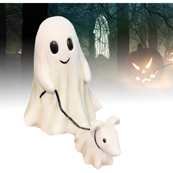 Generic Halloween Ghost Walking Dog Statue,Ghost Walking His Ghost Dog Halloween Ghost Dog Statues Spooky Ghost Dog Halloween Figurine Home Tabletop Decorations