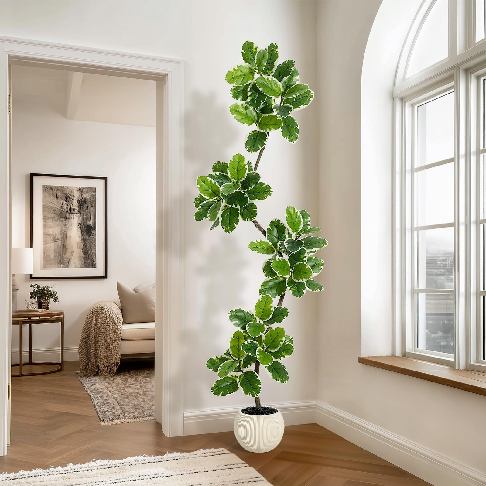 Litake Fiddle Leaf Fig Tree Artificial Indoor, 7 ft Tall Faux Rubber Tree with Sphere Planter, Tall Artificial Plants with Moss for Home Decor Office Living Room