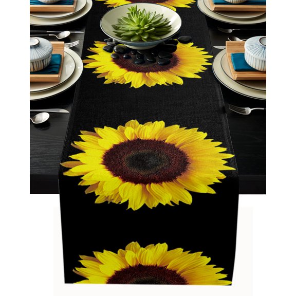 Table Runner Dresser Scarves 90 Inch Long, Farmhouse Blossom Sunflower Close-up Linen Dining Table Runners Floral Meditation on Black Tabletop Scarf for Wedding Holiday Party Kitchen