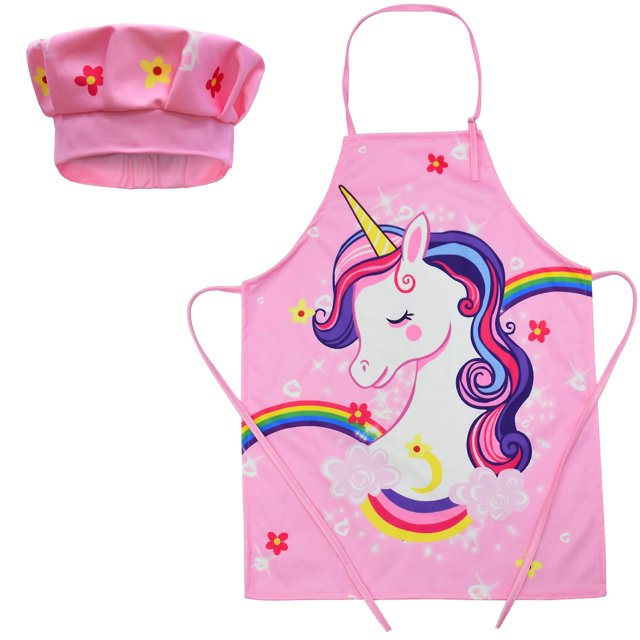 2 Piezas Delantal Infantil Unicornio y Gorro de Chef Ajustable Delantal de Chef Infantil Disfraz de Cocina para Niñas Niños Cocinar, Pintar, Manualidades, Jardinería (60*40cm)