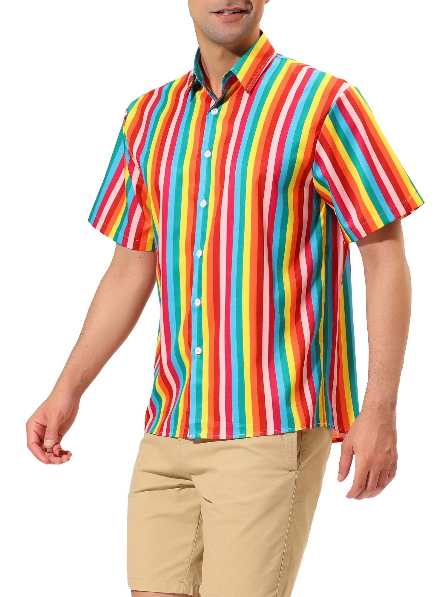 Unique Bargains Men's Summer Vertical Stripe Print Short Sleeve Button Down Shirts XL Rainbow