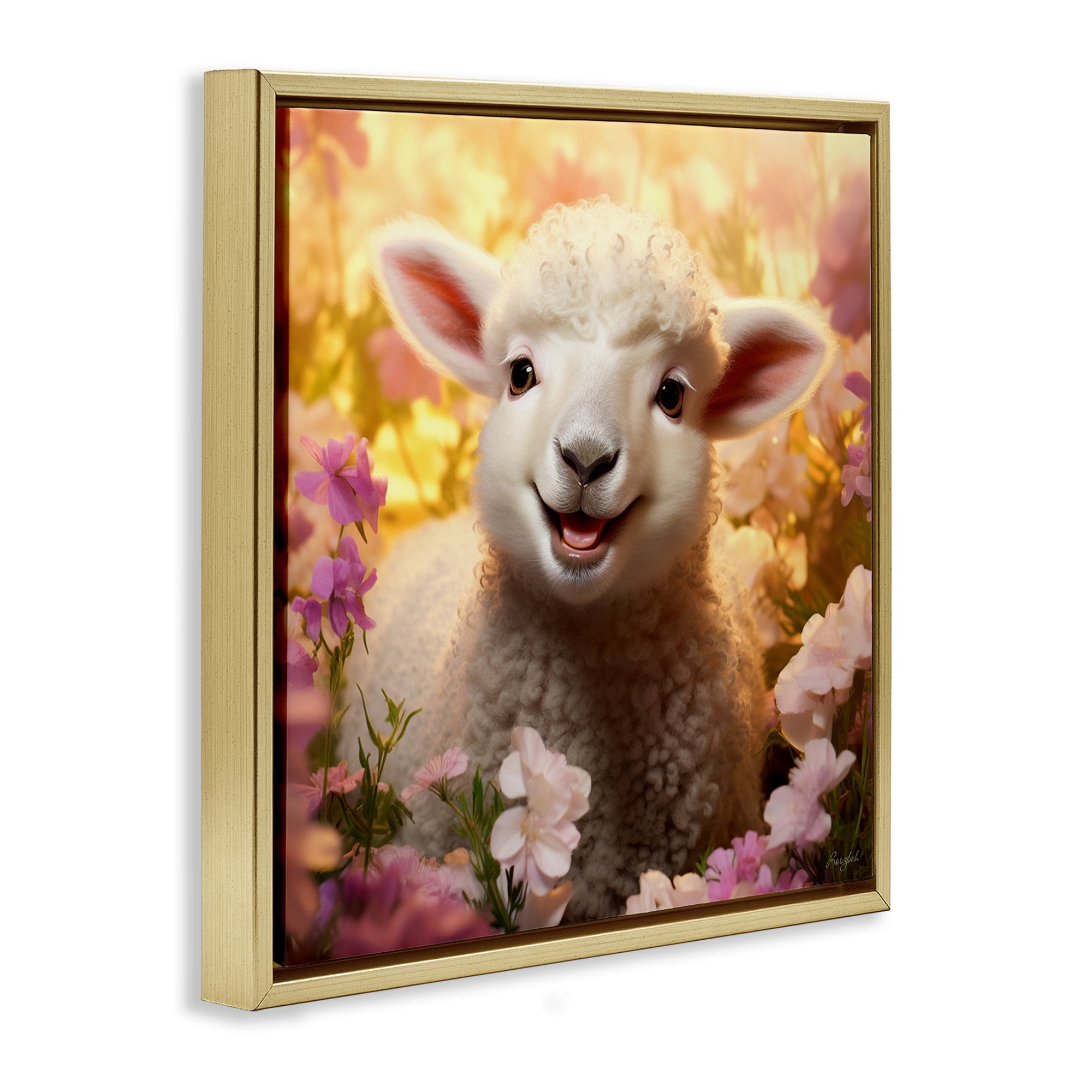 Stupell Industries Lamb in Flower Meadow Animals & Insects Painting Gold Floater Framed Canvas Art Print Wall Art, 18 x 18