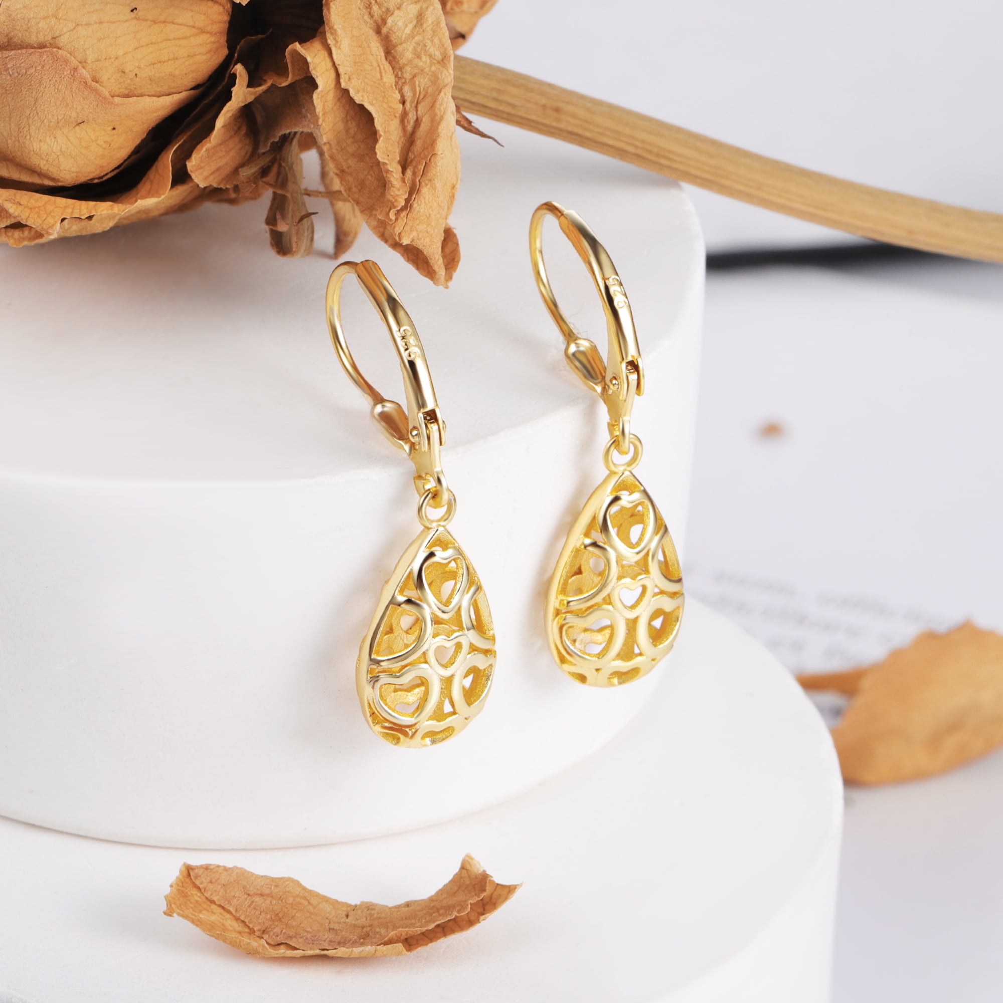 Alexcraft 14K Gold Plated Teardrop Leverback Filigree Dangle Earrings, Hypoallergenic Sterling Silver Plated earrings for Women