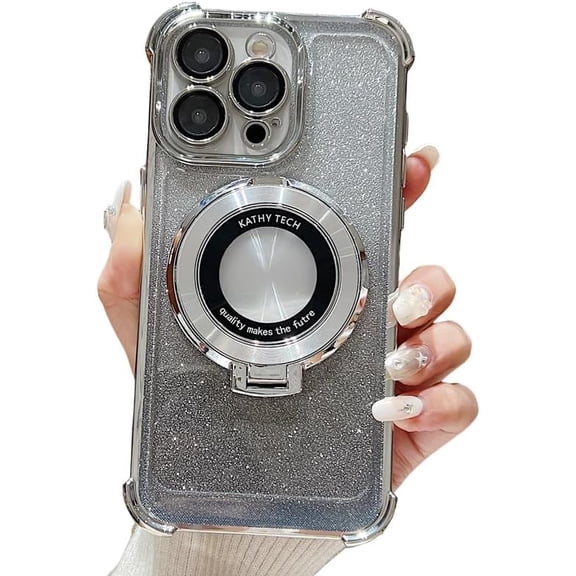 for iPhone 14 Pro Max Glitter Case, Compatible with MagSafe, 120°Invisible Kickstand & Magnetic Ring Holder, Military Grade Shockproof Bumper Translucent Back for iPhone 14 ProMax Case, Silver