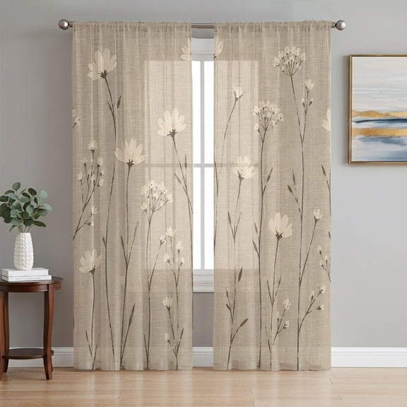 Delicate Floral Sheer Curtains 63 Inches Long, Beige Wildflowers Farmhouse Light Filtering Window Curtains for Living Room/Bedroom, Rod Pocket Voile Sheer Curtain Drapes, 52"W x 63"L, 2 Panels