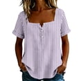 thumbnail image 2 of Yrmaups Loose Fit Short Sleeve T Shirt for Women Plus Size, Square Neck Button Down Blouse, Striped Casual Tee, Soft Stretch Top for Beach Travel Office Daily Wear, Purple 2XL, 2 of 8