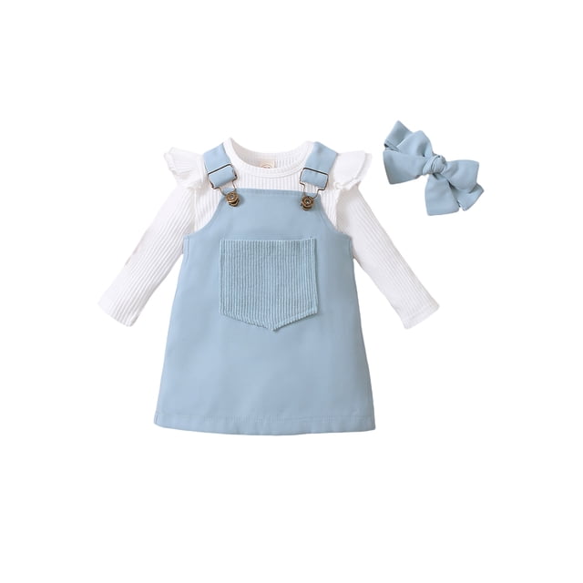 Gupgi 2 Pcs Ensembles pour Bébés Filles Doux à Manches Longues Col Rond Barboteuse Poche avant Jupe à Bretelles