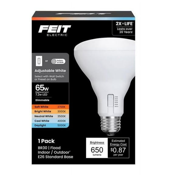 Feit Electric 3018668 65W BR30 E26 Adjustable Equivalence Medium LED Bulb, White