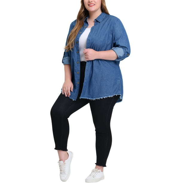 Camisas de talgrande pamujer Camide mezclilcon botones de cambray Azul Marino 4X
