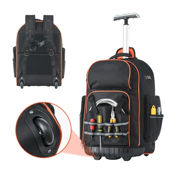 Professional heavy-duty wheeled tool backpack with 72 pockets, a rolling and portable tool bag for construction site operations.