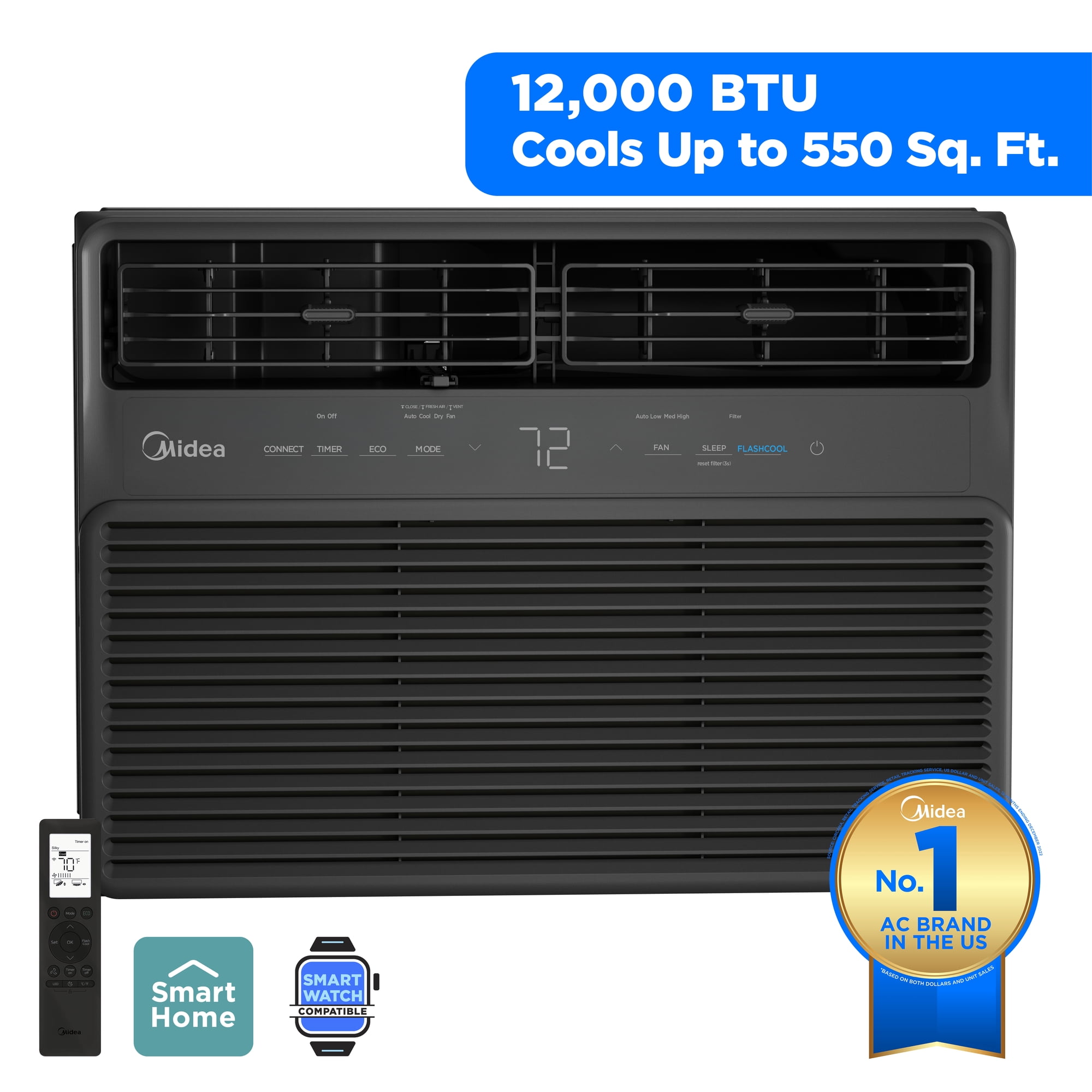 Midea 12,000 BTU Smart Inverter Window Air Conditioner, Cools Up to 550 Sq Ft, Wi‑Fi, Alexa & Google Assistant, Energy Star, Quiet AC, Remote, Black