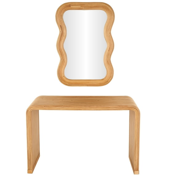 DecMode 27" x 39" Brown Wood Handmade Ribbed Console Table with Mirror, 2-Pieces