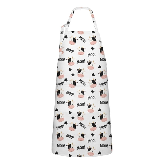 White Cow Moo Pattern Apron-Garden Aprons for Women with Pockets-Cotton Linen Waterproof Kitchen Cooking Gardening Aprons Adjustable for Kitchen,Cooking,BBQ and Salon 33x27 Inch