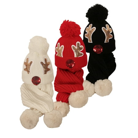 

KYAIGUO Toddler Kids Hat & Scarf 2PCS Outfit Cute Winter Warm Soft Knit Xmas Hat with Cute Pom Pom for 1-6t Infant Kids