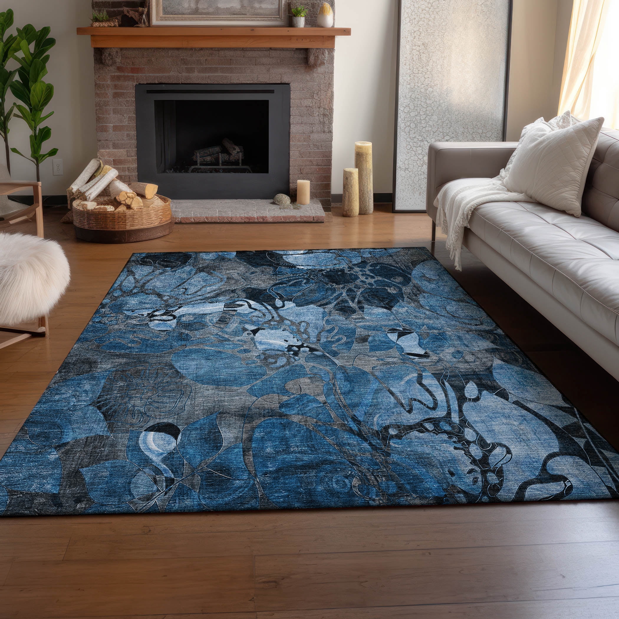 Addison Rugs Mayfield Washable Transitional Floral Blue Rectangle Rug, 5' x 7'6"
