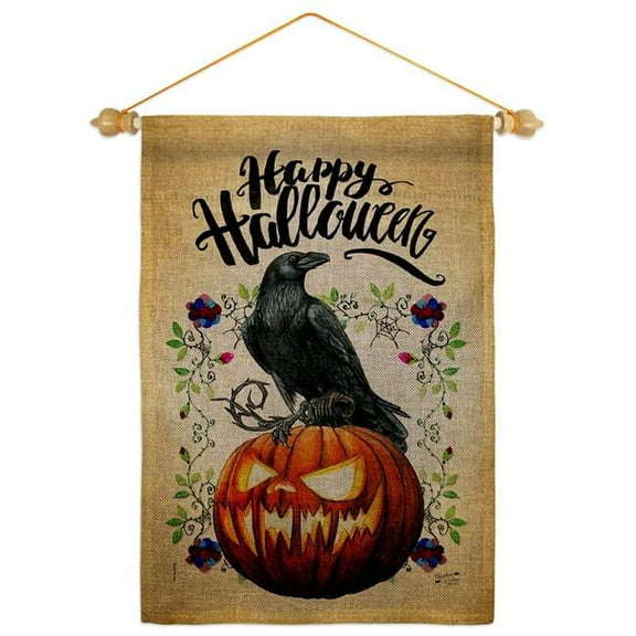 Angeleno Heritage GS130411-DB-05 Crow & Pumpkin Falltime Halloween 13 x 18.5. in. Double-Sided Decorative Horizontal House Garden Flag Set for Decoration Banner Yard Gift